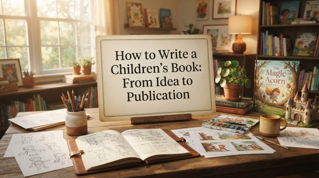 Creative workspace showing the process of writing a children’s book
