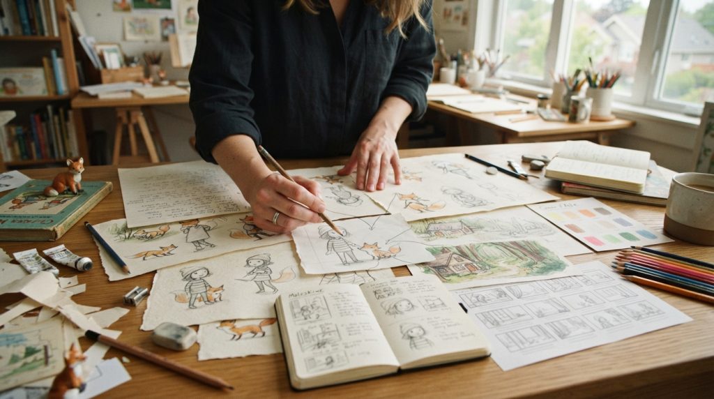 Children’s book author developing story ideas with character sketches