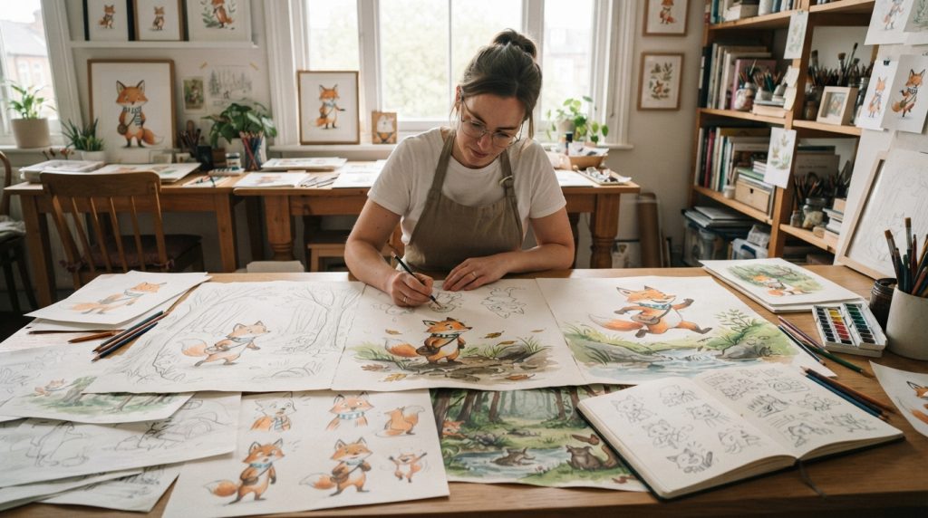 Author developing children’s book characters and story scenes