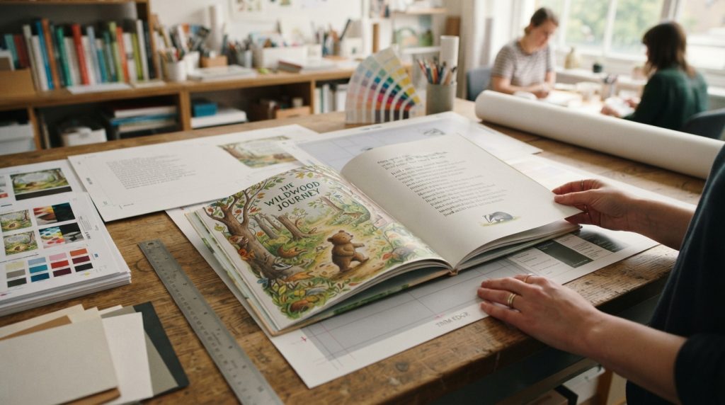 Designer formatting children’s book pages for professional publication
