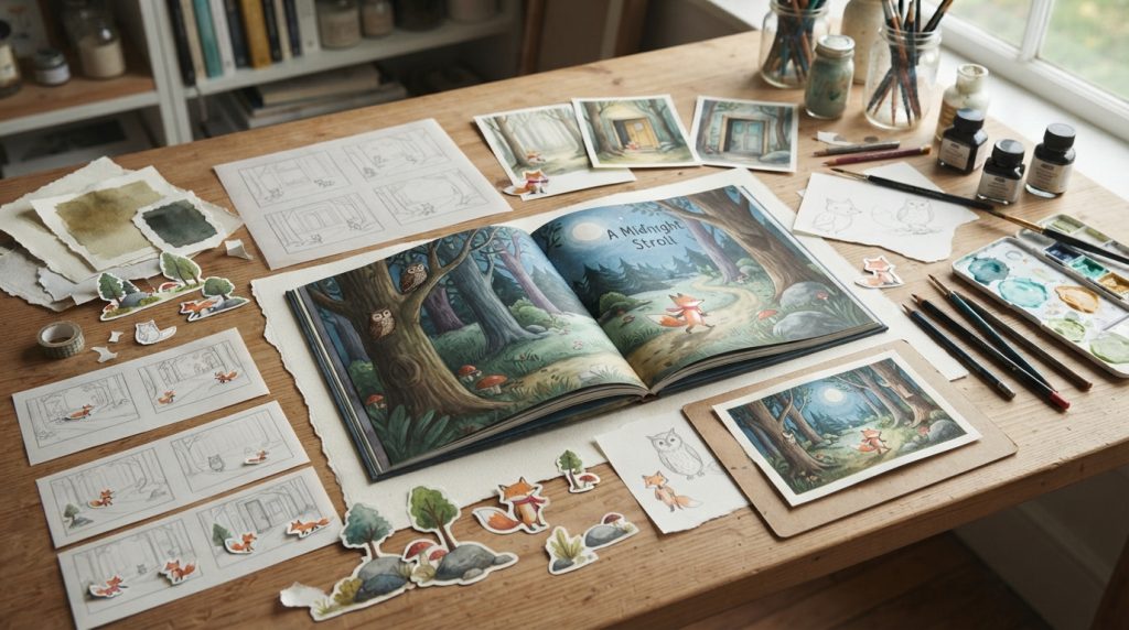 Illustrator planning children’s book artwork and character scenes