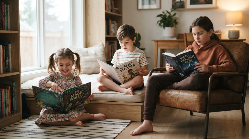Children of different ages reading age-appropriate story books