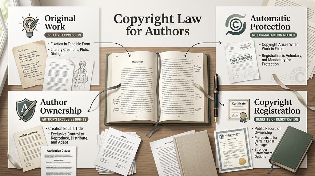 Infographic explaining copyright ownership protection and registration for authors