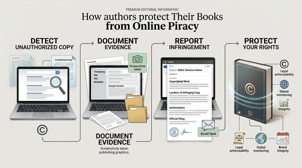 Infographic showing steps authors can take to protect their books from online piracy