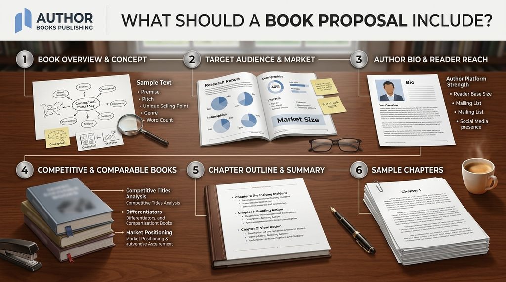 Infographic showing the key elements of a book proposal