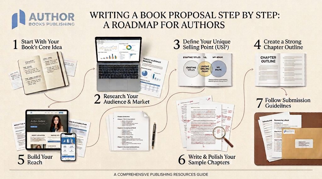 Step-by-step infographic for writing a book proposal